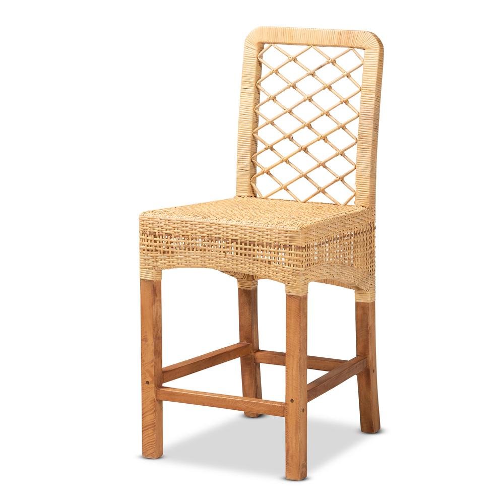 Bohemian Natural Brown Rattan and Walnut Brown Mahogany Wood Counter Stool. Picture 11