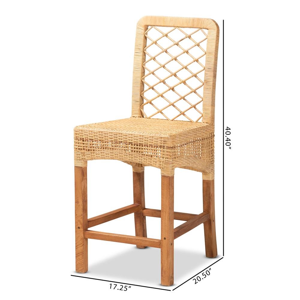 Bohemian Natural Brown Rattan and Walnut Brown Mahogany Wood Counter Stool. Picture 20