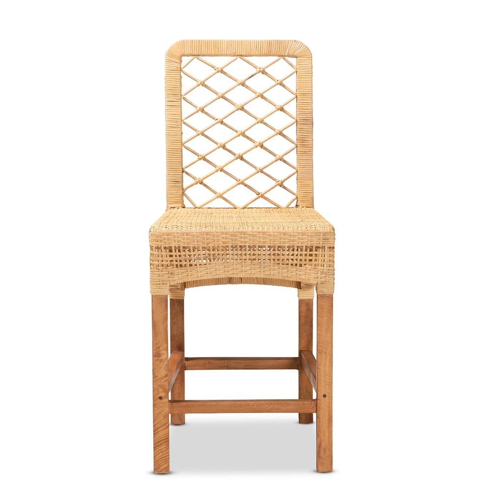 Bohemian Natural Brown Rattan and Walnut Brown Mahogany Wood Counter Stool. Picture 12