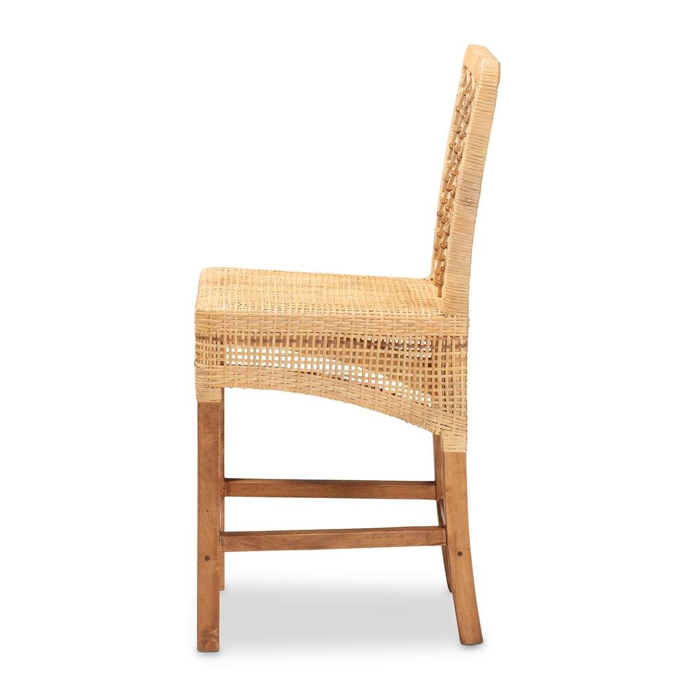 Bohemian Natural Brown Rattan and Walnut Brown Mahogany Wood Counter Stool. Picture 13