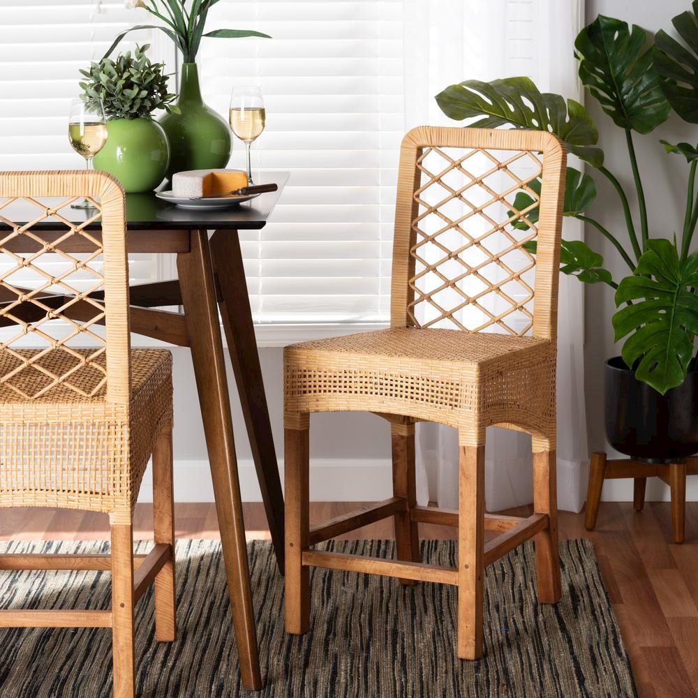 Bohemian Natural Brown Rattan and Walnut Brown Mahogany Wood Counter Stool. Picture 18