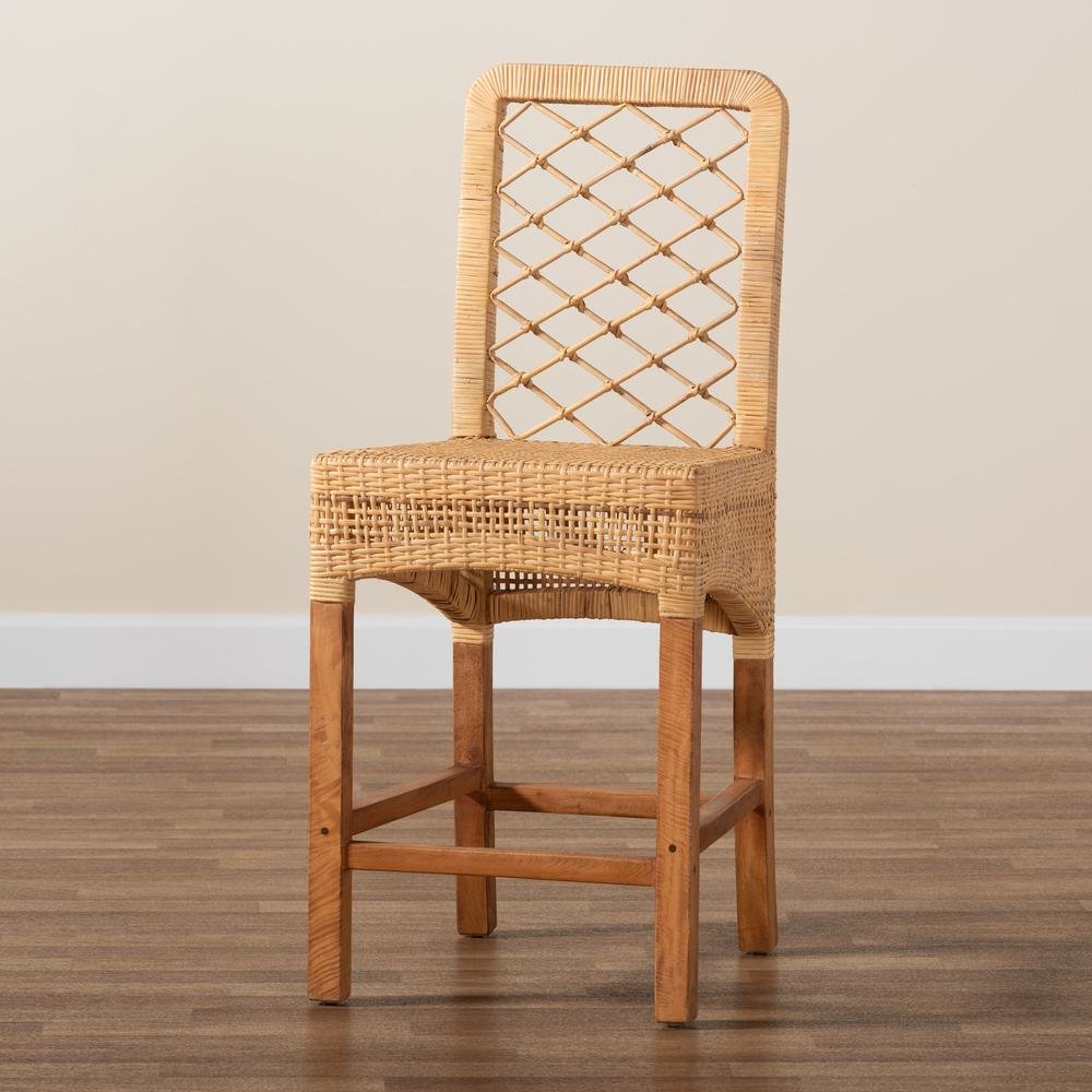 Bohemian Natural Brown Rattan and Walnut Brown Mahogany Wood Counter Stool. Picture 19