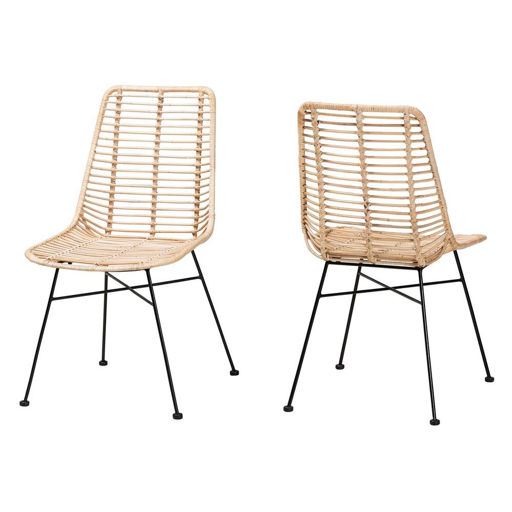 Bohemian Natural Brown Rattan and Black Metal 2-Piece Dining Chair Set. Picture 10