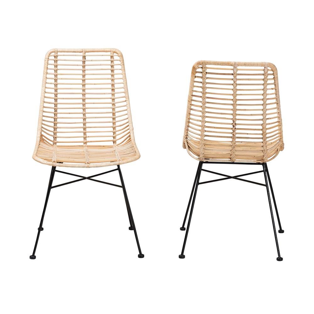 Bohemian Natural Brown Rattan and Black Metal 2-Piece Dining Chair Set. Picture 11