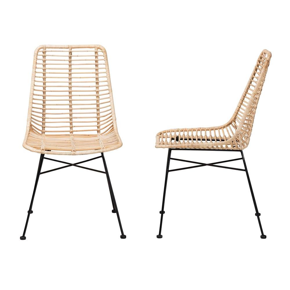 Bohemian Natural Brown Rattan and Black Metal 2-Piece Dining Chair Set. Picture 12