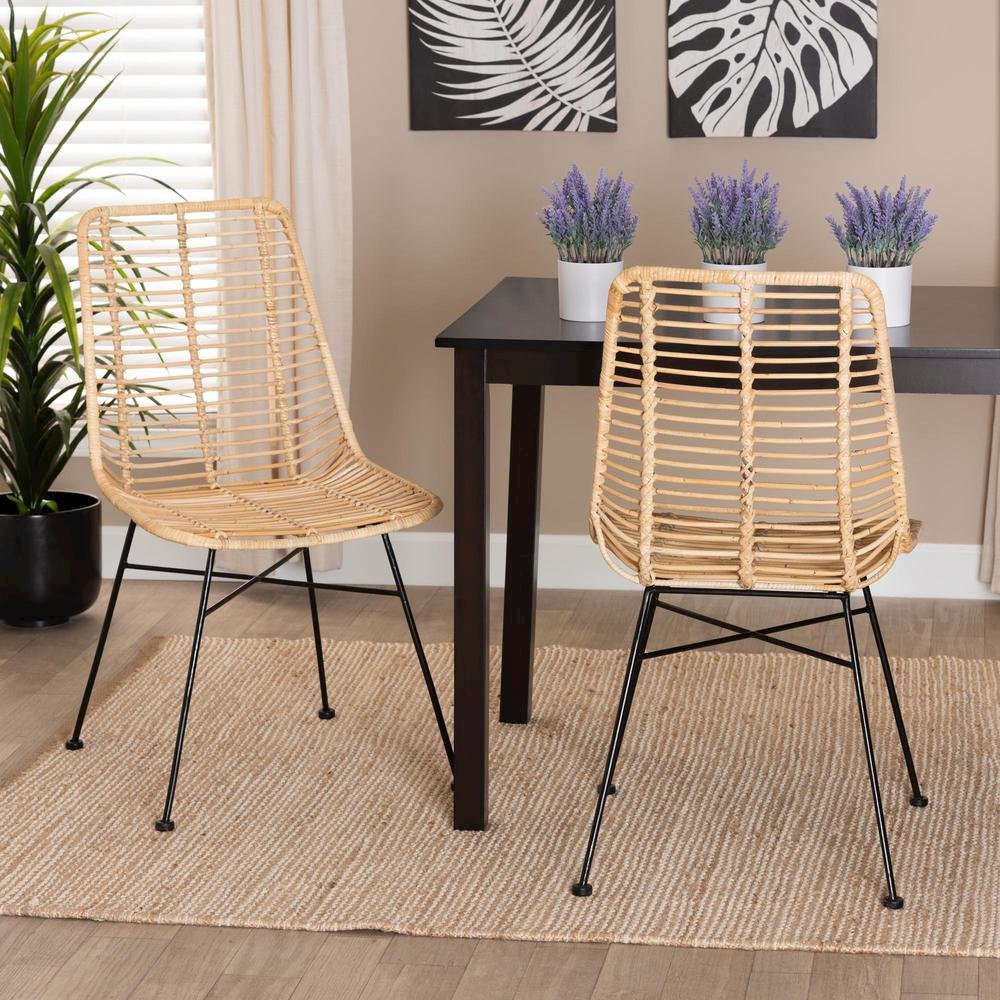 Bohemian Natural Brown Rattan and Black Metal 2-Piece Dining Chair Set. Picture 16