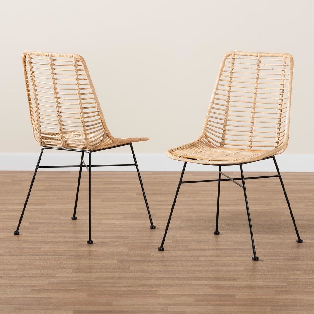 Bohemian Natural Brown Rattan and Black Metal 2-Piece Dining Chair Set. Picture 17