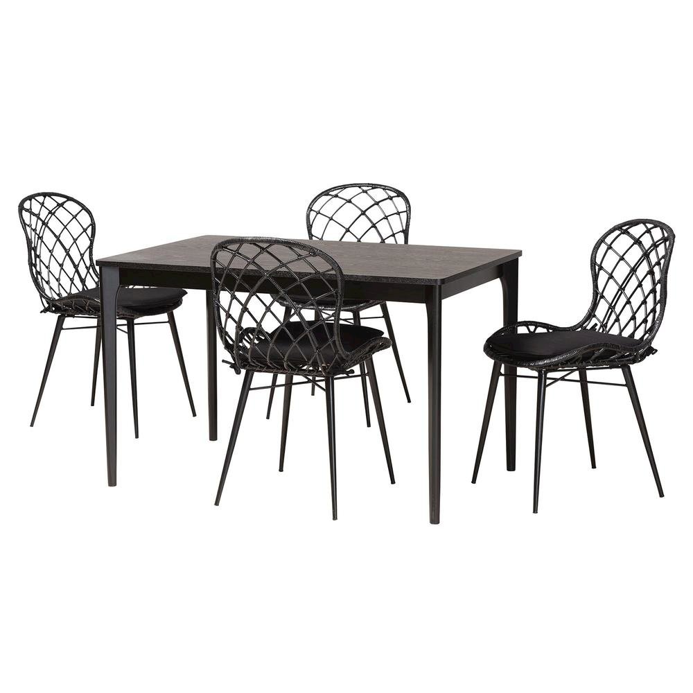 Sabelle Modern Bohemian Black Finished Wood and Rattan 5-Piece Dining Set. Picture 11