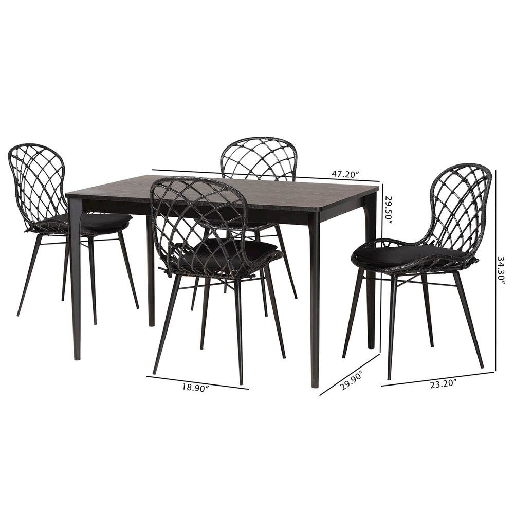 Sabelle Modern Bohemian Black Finished Wood and Rattan 5-Piece Dining Set. Picture 20