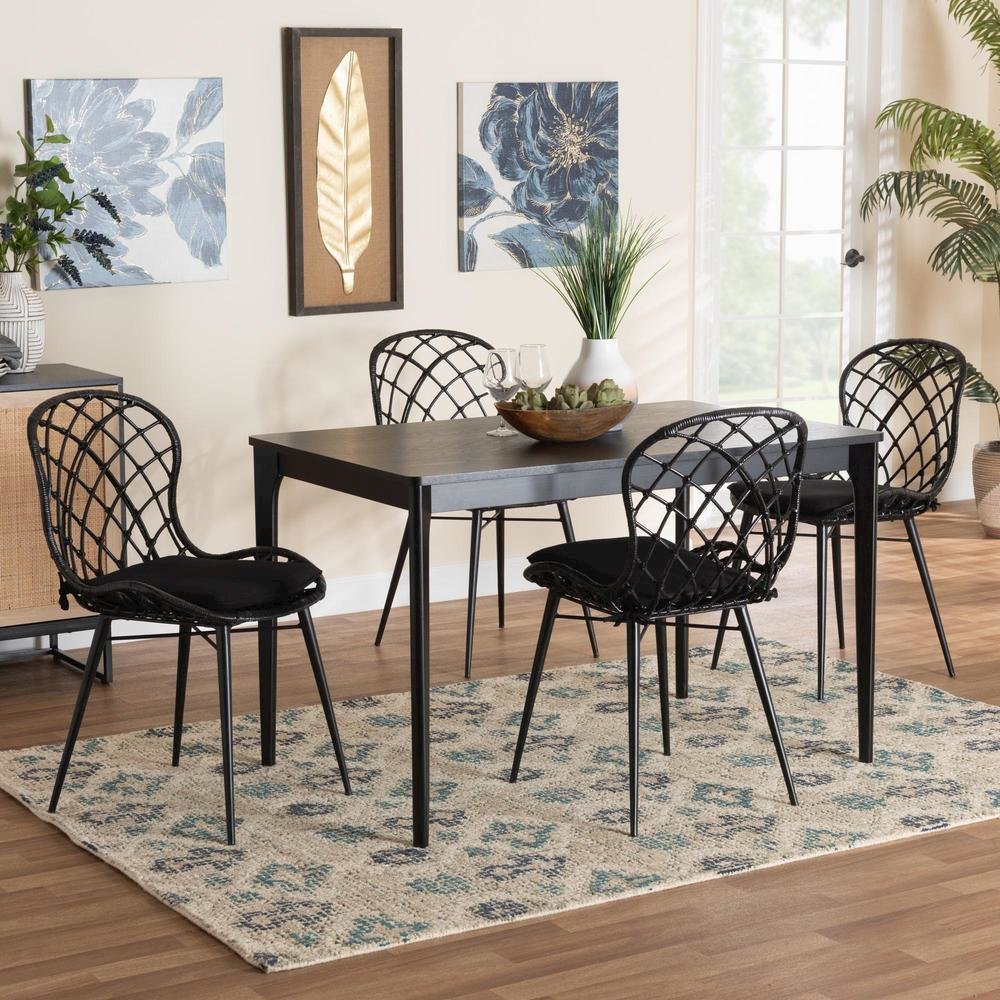 Sabelle Modern Bohemian Black Finished Wood and Rattan 5-Piece Dining Set. Picture 18