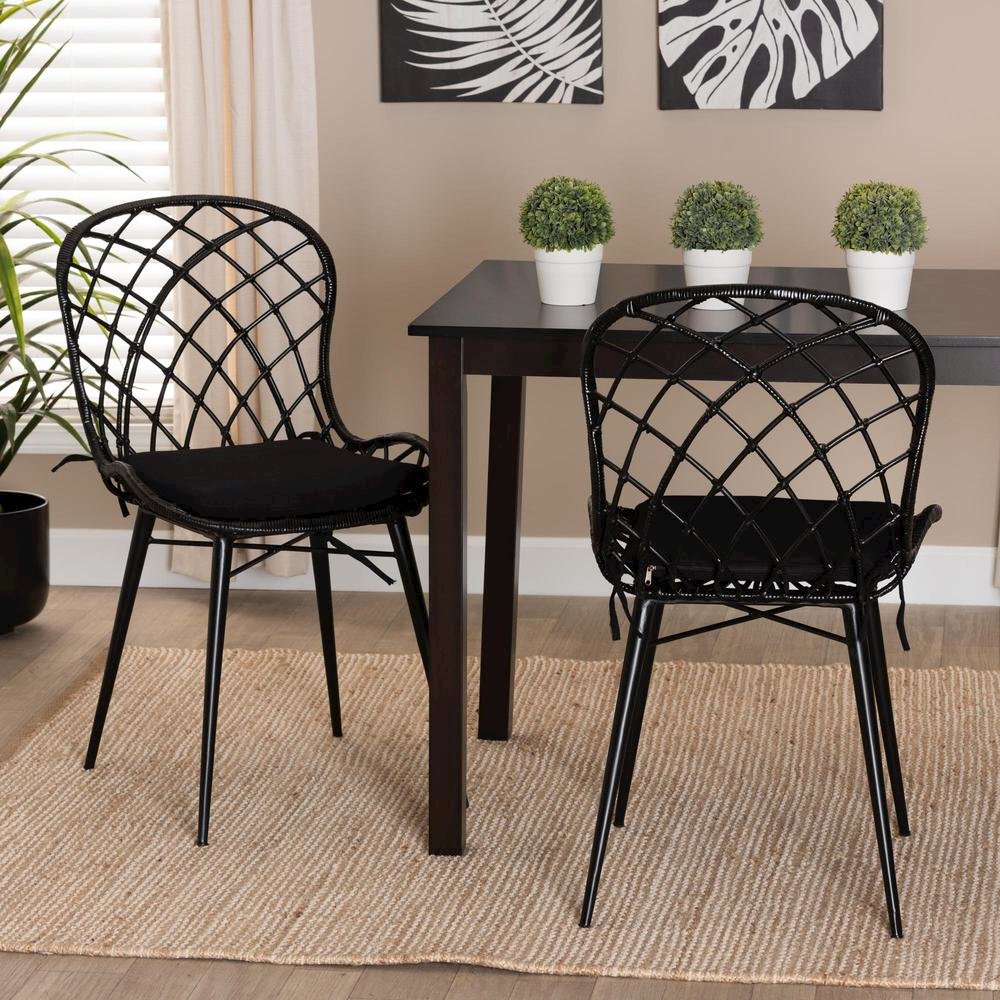 Bohemian Black Finished Rattan and Metal 2-Piece Dining Chair Set. Picture 16