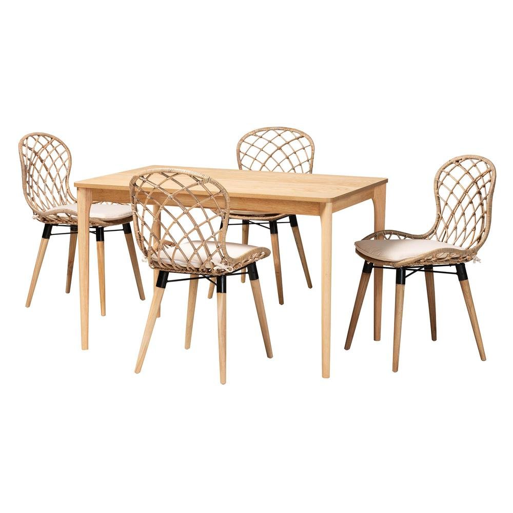 Bohemian Greywashed Rattan and Natural Brown Finished Wood 5-Piece Dining Set. Picture 11