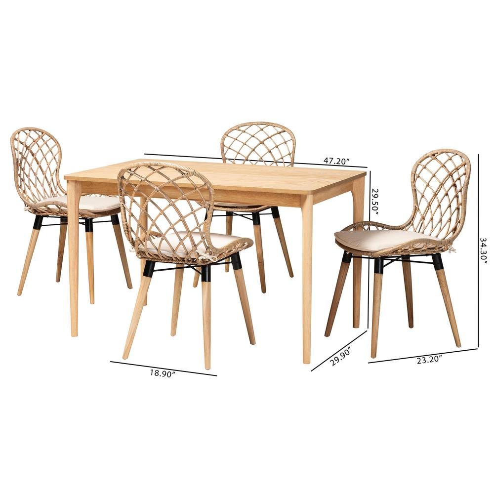 Bohemian Greywashed Rattan and Natural Brown Finished Wood 5-Piece Dining Set. Picture 20