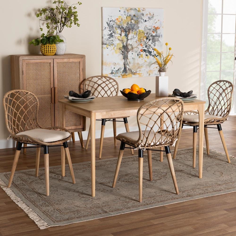 Bohemian Greywashed Rattan and Natural Brown Finished Wood 5-Piece Dining Set. Picture 18