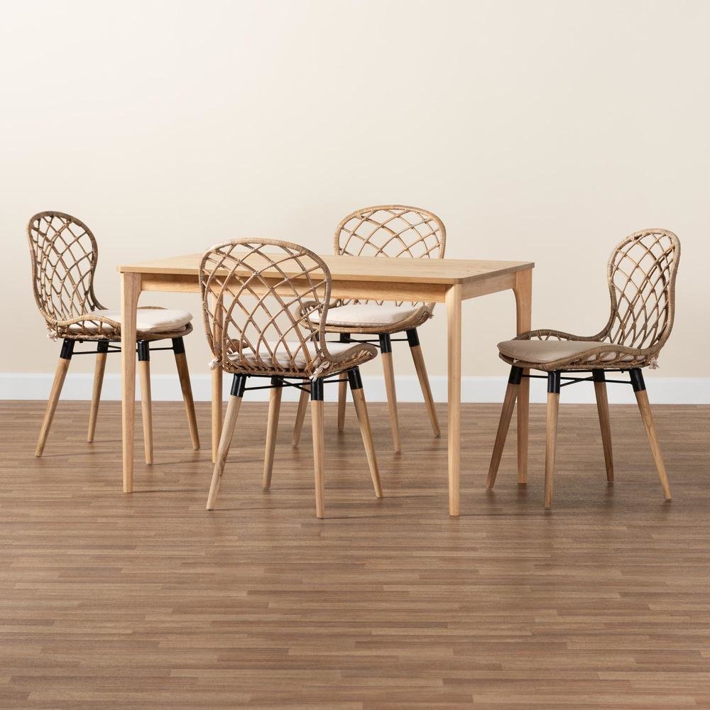 Bohemian Greywashed Rattan and Natural Brown Finished Wood 5-Piece Dining Set. Picture 19