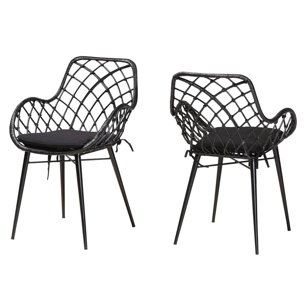 Bohemian Black Finished Rattan and Metal 2-Piece Dining Chair Set. Picture 10