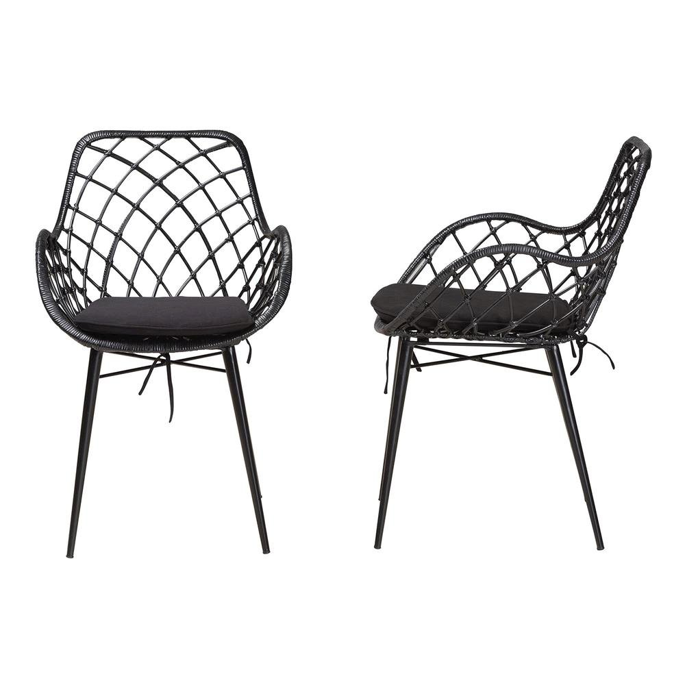 Bohemian Black Finished Rattan and Metal 2-Piece Dining Chair Set. Picture 12