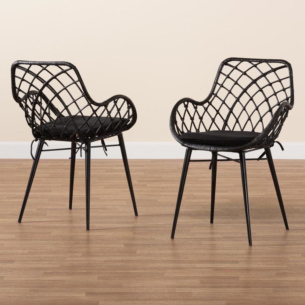 Bohemian Black Finished Rattan and Metal 2-Piece Dining Chair Set. Picture 17