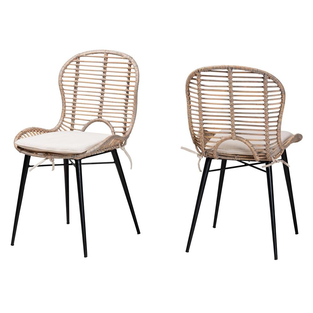 Bohemian Greywashed Rattan and Black Metal 2-Piece Dining Chair Set. Picture 10