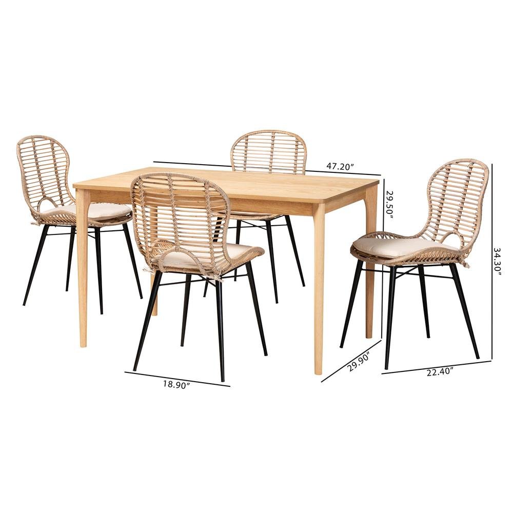 Bohemian Greywashed Rattan and Natural Brown Finished Wood 5-Piece Dining Set. Picture 20