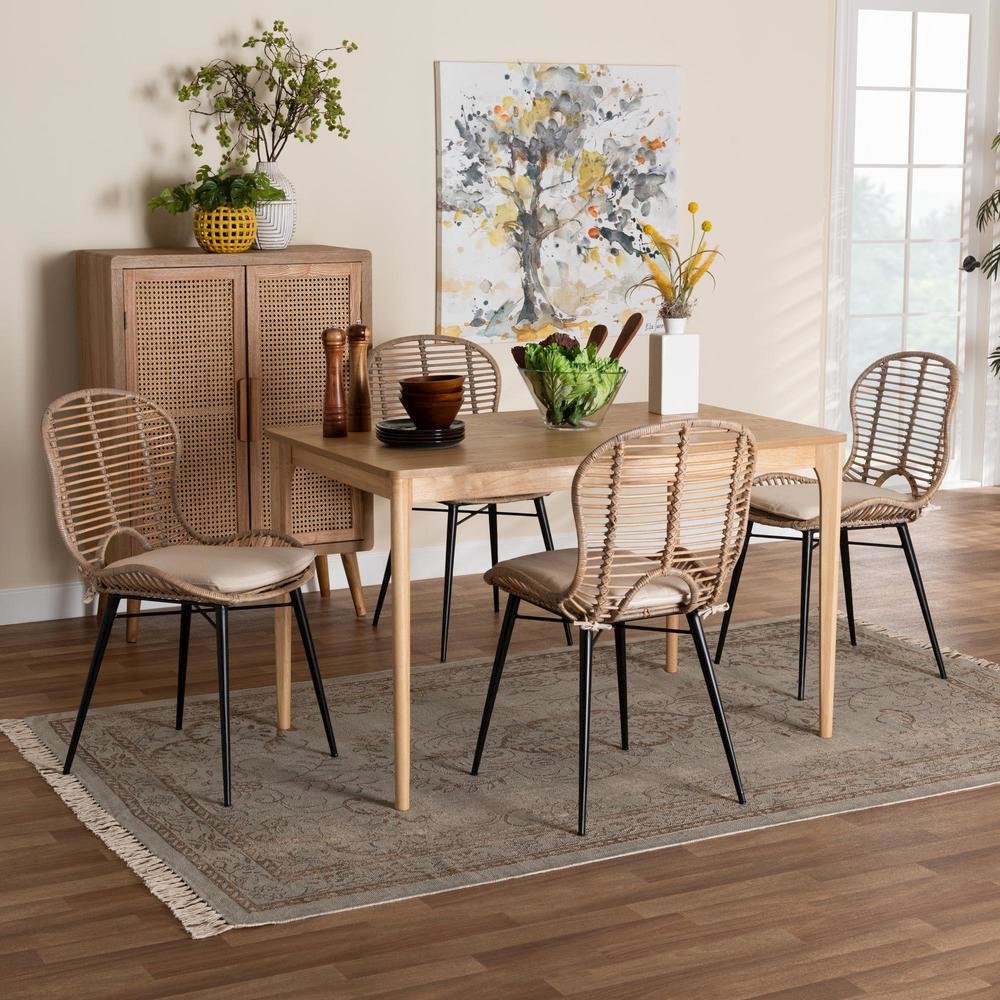 Bohemian Greywashed Rattan and Natural Brown Finished Wood 5-Piece Dining Set. Picture 18