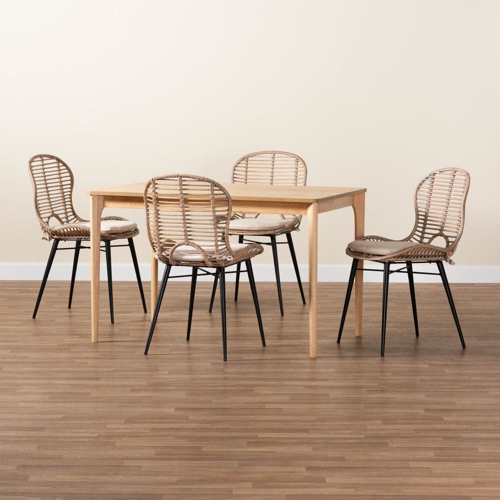 Bohemian Greywashed Rattan and Natural Brown Finished Wood 5-Piece Dining Set. Picture 19