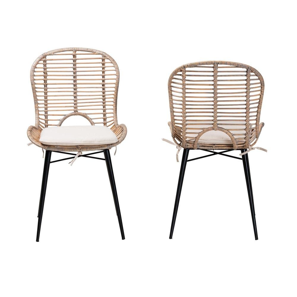 Bohemian Greywashed Rattan and Black Metal 2-Piece Dining Chair Set. Picture 11