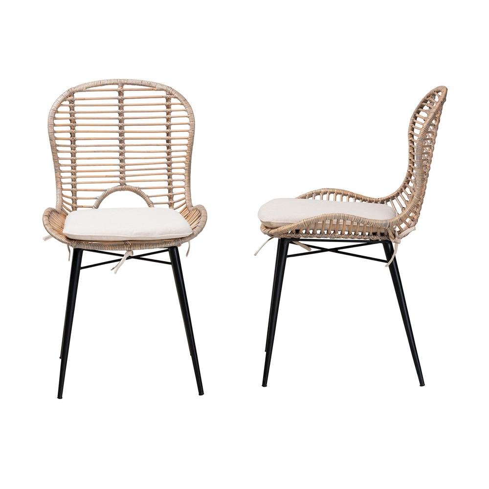 Bohemian Greywashed Rattan and Black Metal 2-Piece Dining Chair Set. Picture 12
