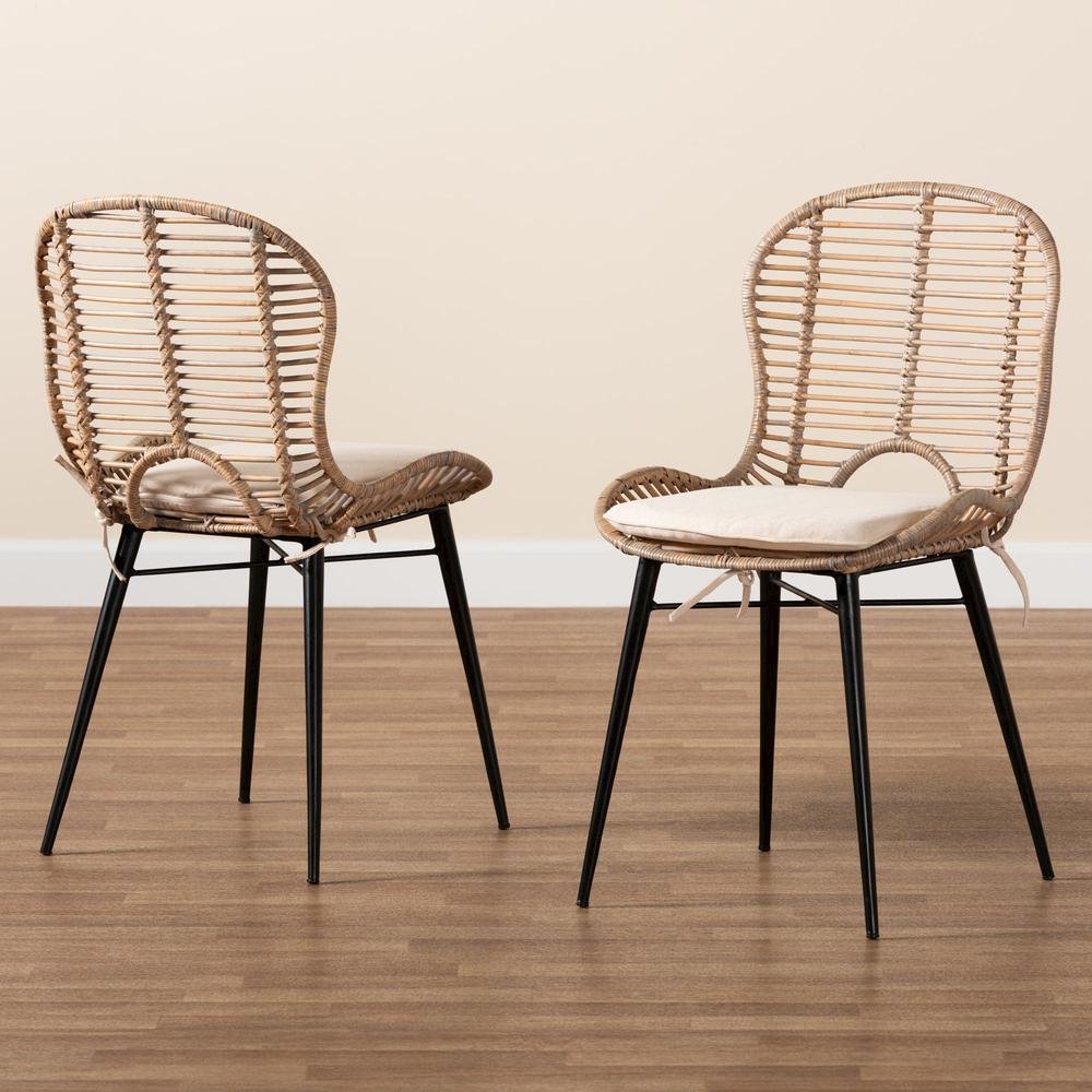 Bohemian Greywashed Rattan and Black Metal 2-Piece Dining Chair Set. Picture 17