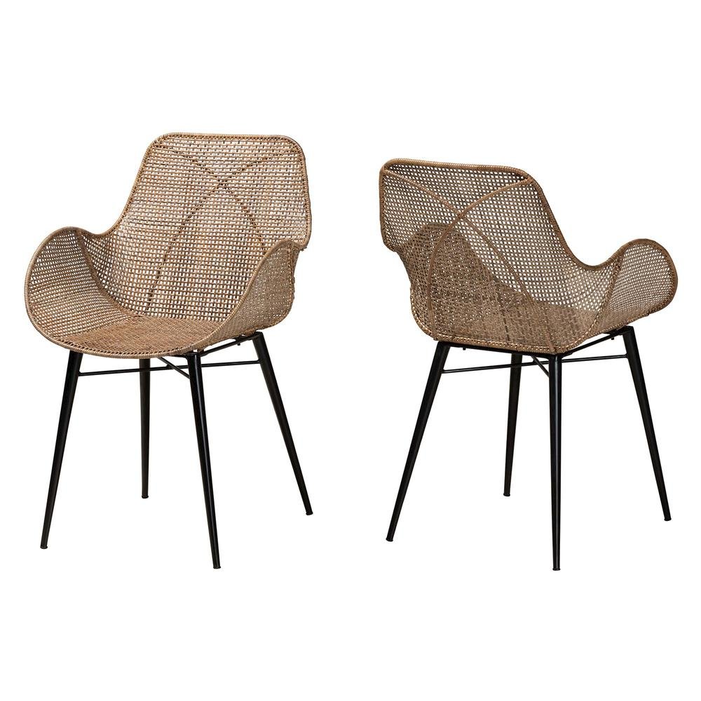 Bohemian Greywashed Rattan and Black Metal 2-Piece Dining Chair Set. Picture 10