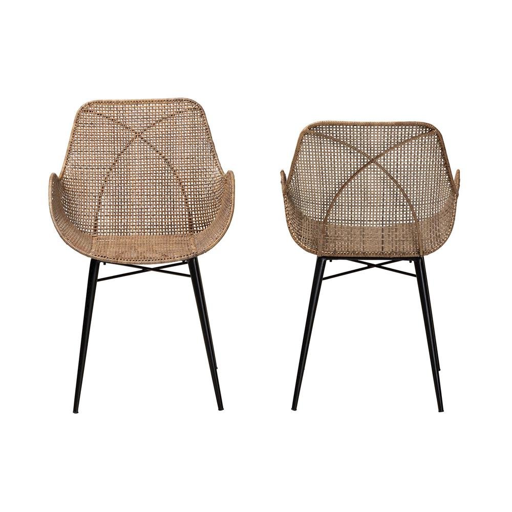 Bohemian Greywashed Rattan and Black Metal 2-Piece Dining Chair Set. Picture 11