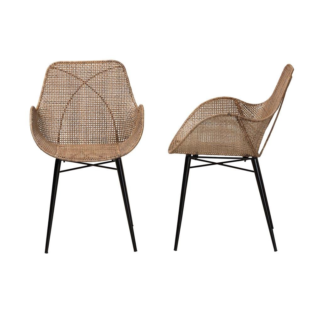 Bohemian Greywashed Rattan and Black Metal 2-Piece Dining Chair Set. Picture 12