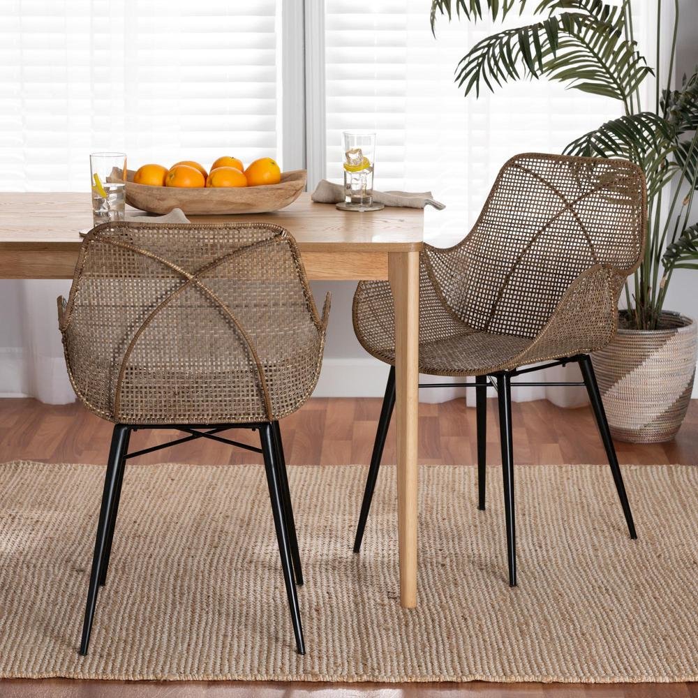 Bohemian Greywashed Rattan and Black Metal 2-Piece Dining Chair Set. Picture 16