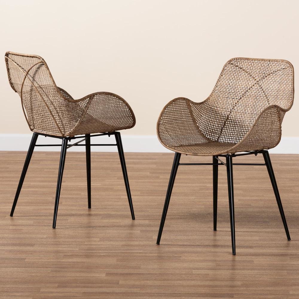 Bohemian Greywashed Rattan and Black Metal 2-Piece Dining Chair Set. Picture 17