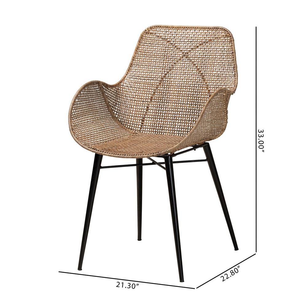 Bohemian Greywashed Rattan and Black Metal 2-Piece Dining Chair Set. Picture 18