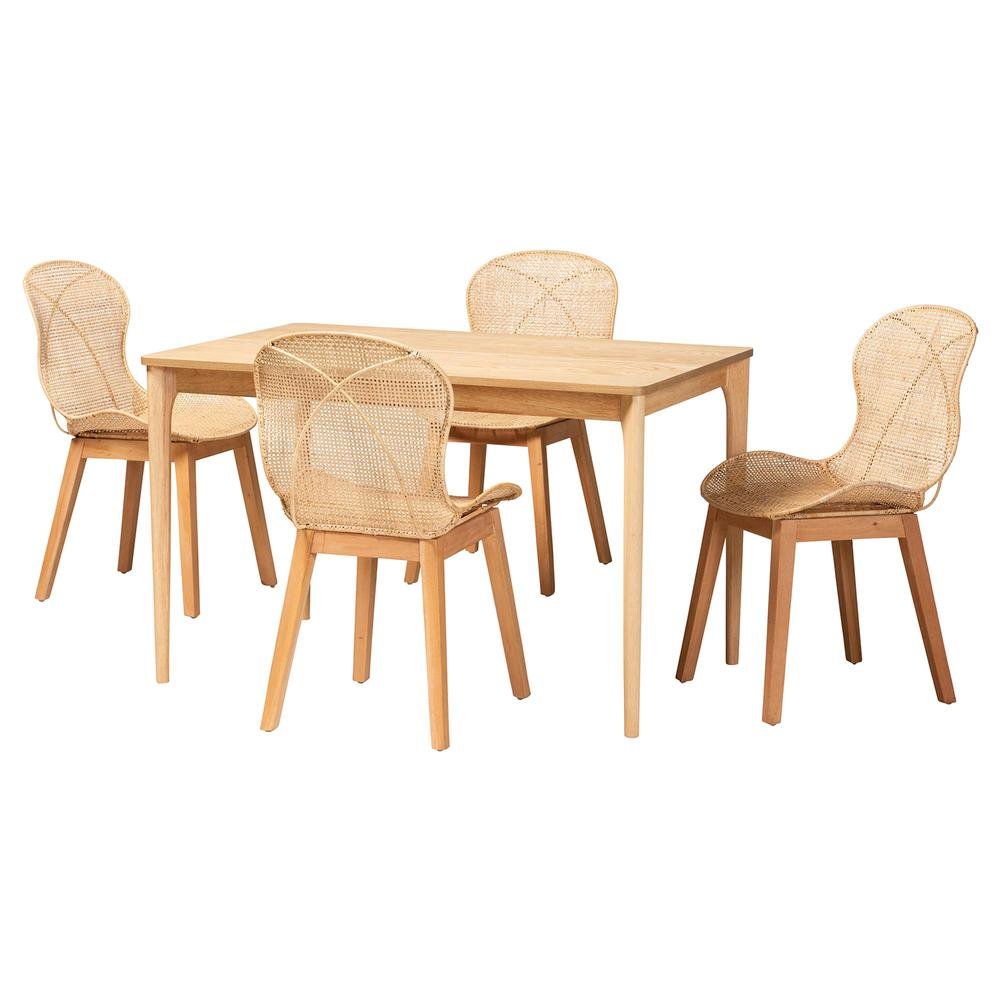 Sabelle Japandi Natural Brown Mahogany Wood and Rattan 5-Piece Dining Set. Picture 11