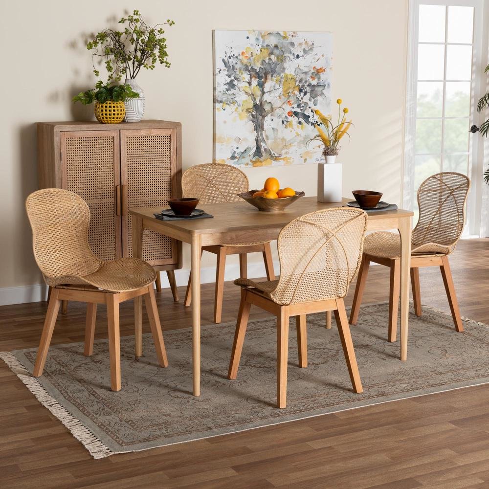 Sabelle Japandi Natural Brown Mahogany Wood and Rattan 5-Piece Dining Set. Picture 18