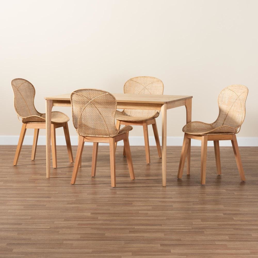Sabelle Japandi Natural Brown Mahogany Wood and Rattan 5-Piece Dining Set. Picture 19