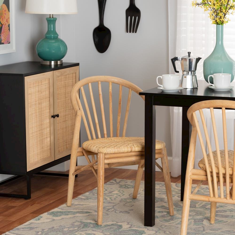 Natural Brown Finished Wood and Rattan Dining Chair. Picture 17
