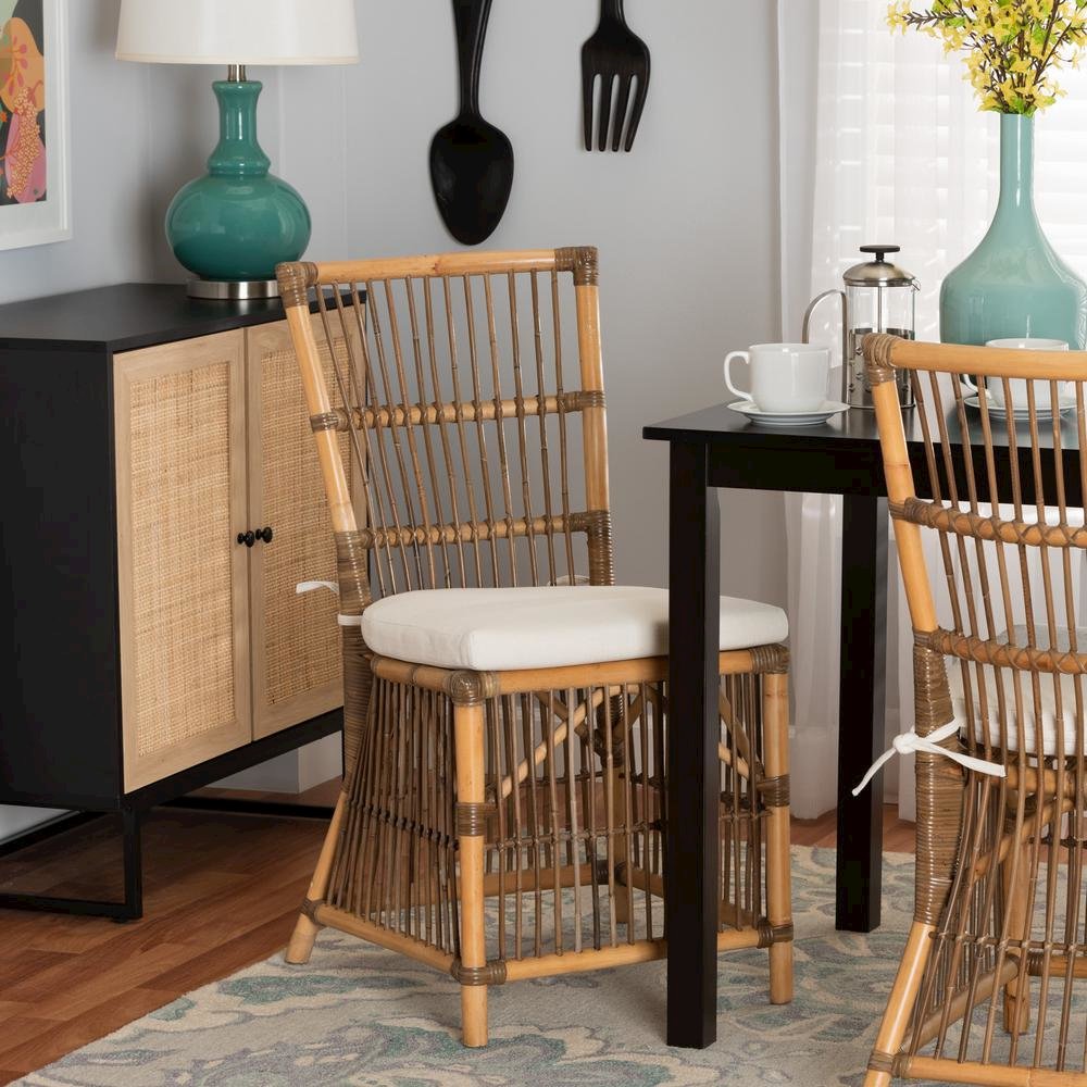Bohemian White Fabric and Natural Brown Rattan Dining Chair. Picture 17