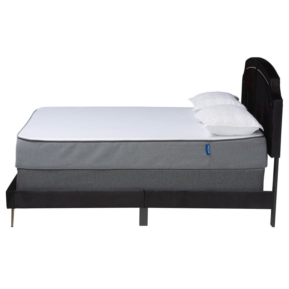 Oxley Traditional Glam and Luxe Black Velvet and Gold Metal Queen Size Panel Bed. Picture 11