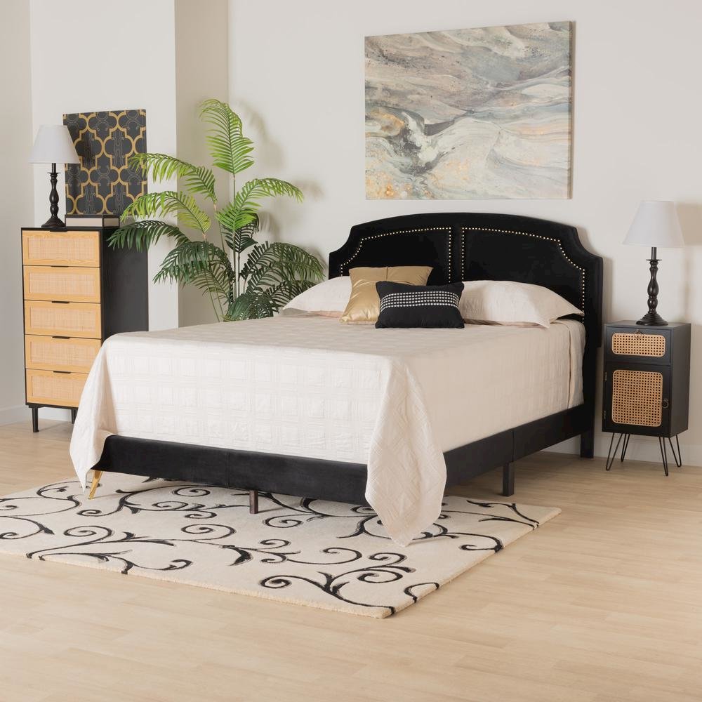Oxley Traditional Glam and Luxe Black Velvet and Gold Metal Queen Size Panel Bed. Picture 16