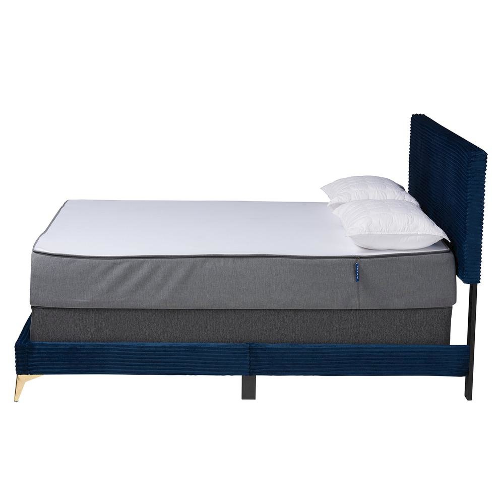 Navy Blue Velvet and Gold Metal Queen Size Panel Bed. Picture 11