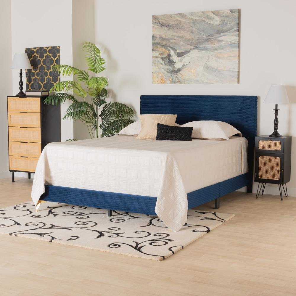 Navy Blue Velvet and Gold Metal Queen Size Panel Bed. Picture 16