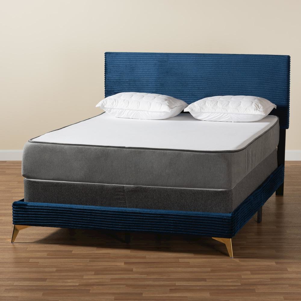Navy Blue Velvet and Gold Metal Queen Size Panel Bed. Picture 17