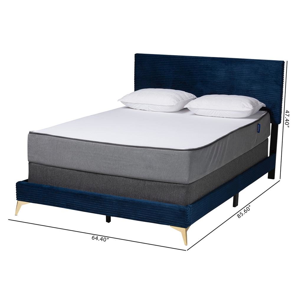 Navy Blue Velvet and Gold Metal Queen Size Panel Bed. Picture 18