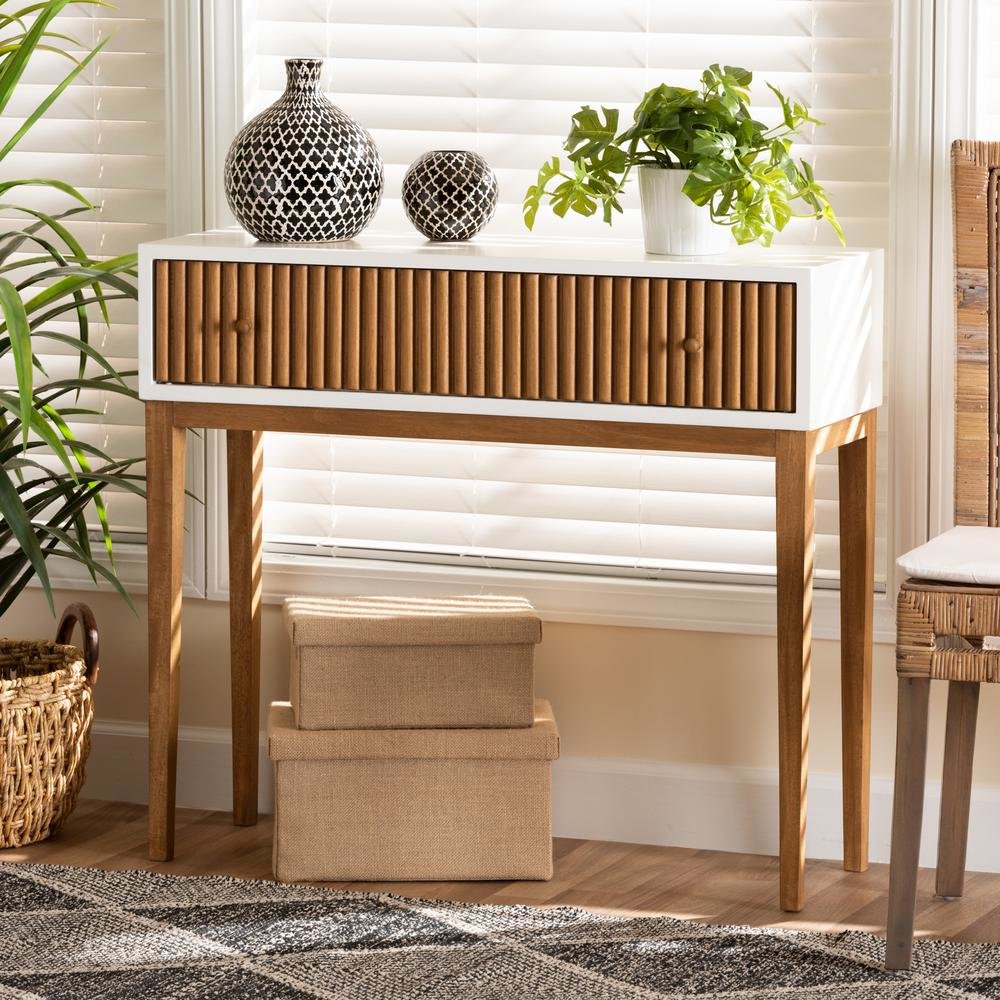Two-Tone Natural Brown and White Bayur Wood 1-Drawer Console Table. Picture 18