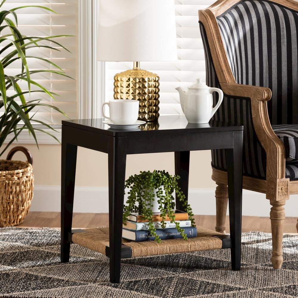 bali & pari Freya Modern Bohemian Black Finished Bayur Wood End Table. Picture 14