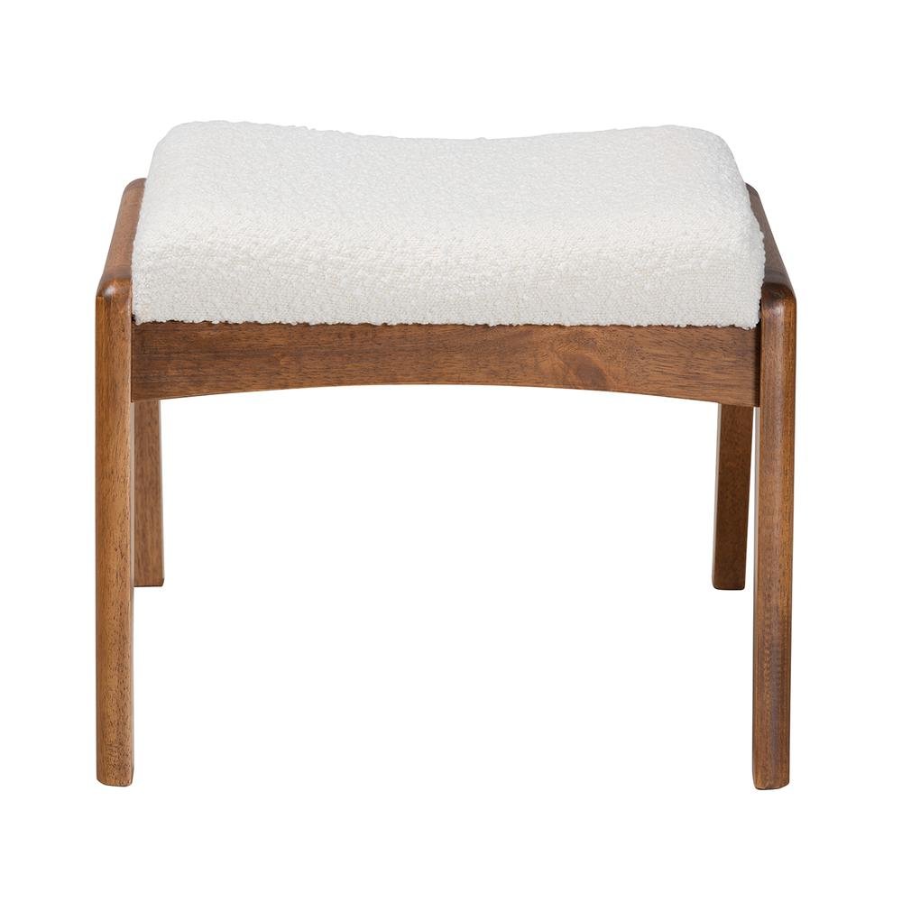 Off-White Boucle Upholstered and Walnut Brown Finished Wood Ottoman Footstool. Picture 10