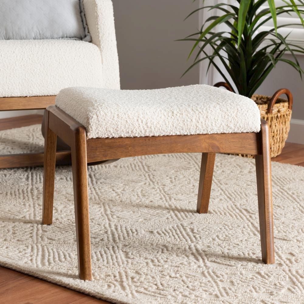 Off-White Boucle Upholstered and Walnut Brown Finished Wood Ottoman Footstool. Picture 14